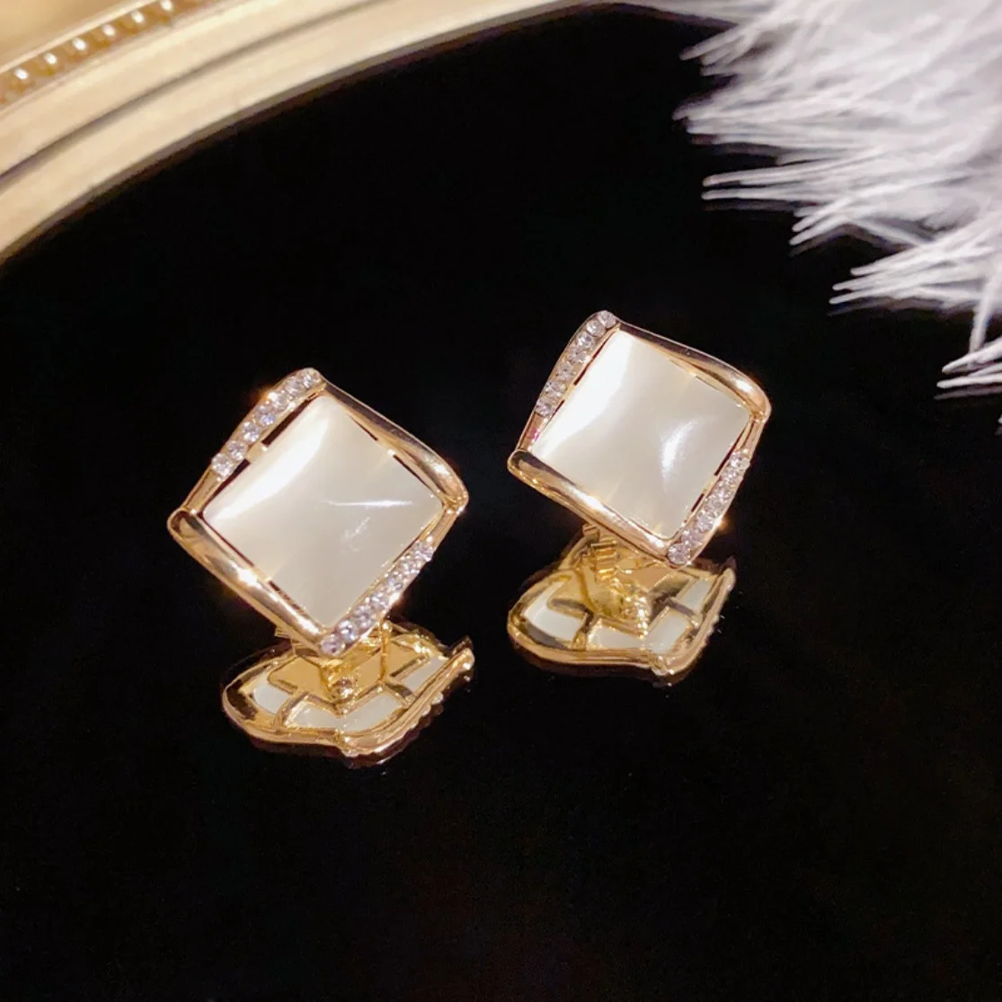 Korea Women Earrings Simple Square Opal Micro-inlaid Zircon Geometric High-grade Elegant Jewelry Daily Wear Women's Accessories