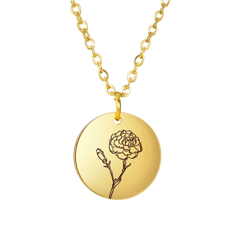 

3 Colors 15x15mm Simple Strokes Round Disc Flower Series Flower Pattern Pendant Necklace With 45+5cm Link Chain