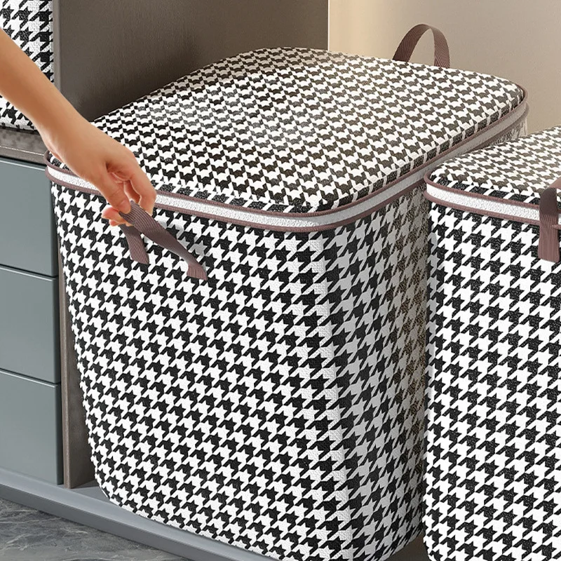 

Houndstooth Clothes Quilt Bins Container Organizers with Handle Fabric Storage Boxes with Lids for Bedroom Closet Wardrobe