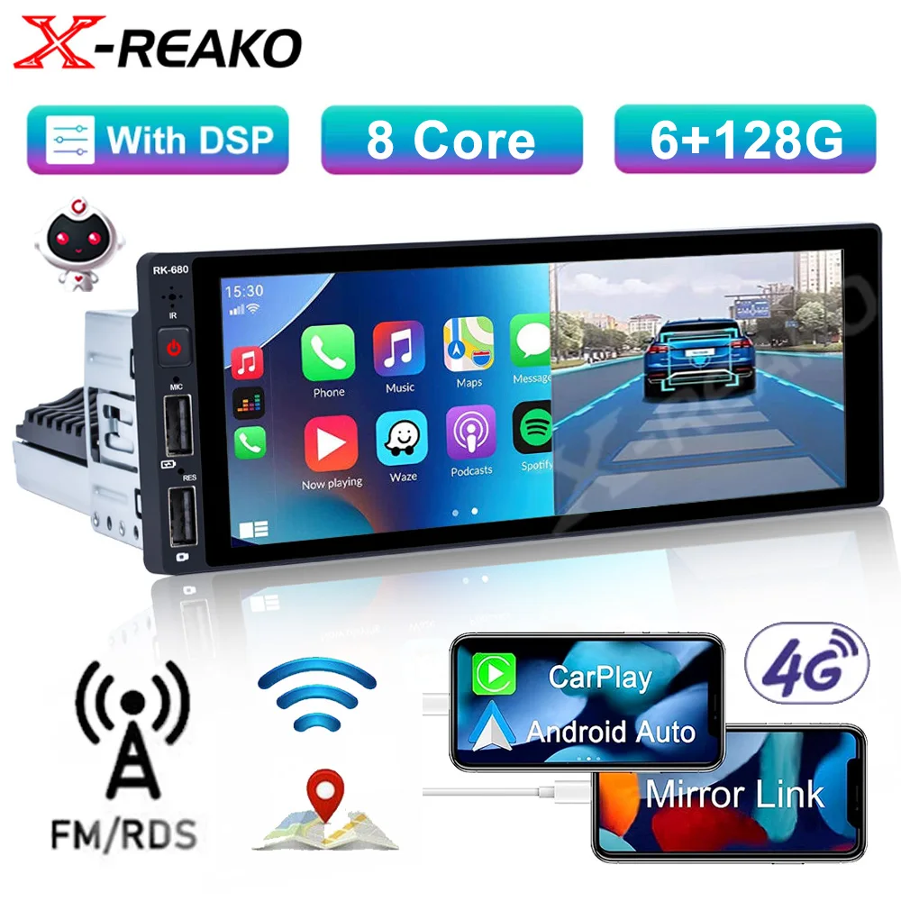 

X-REAKO Универсальный 1 Din 4G DSP Авто Android 12 мультимедийный плеер 6,9 дюймовый сенсорный экран 1din автомобильный стерео видео GPS навигация WIFI
