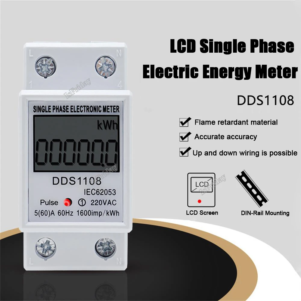 

1pcs LCD Single Phase Electric Energy Meter KWH AC Digital Watt-Hour Meter 220V 60A 50Hz Electric Din Rail