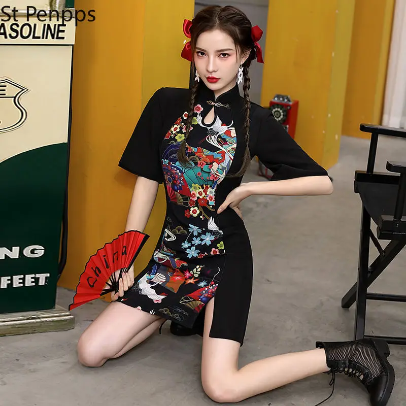 Женское платье Чонсам в китайском стиле модное черное современное