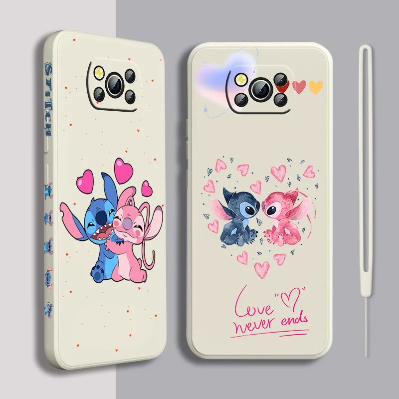 

Disney Cute Stitch Love Phone Case For Xiaomi POCO F3 X3 NFC GT X2 C31 C3 M2 M3 M4 Pro Liquid Left Rope Funda Cover Soft Back