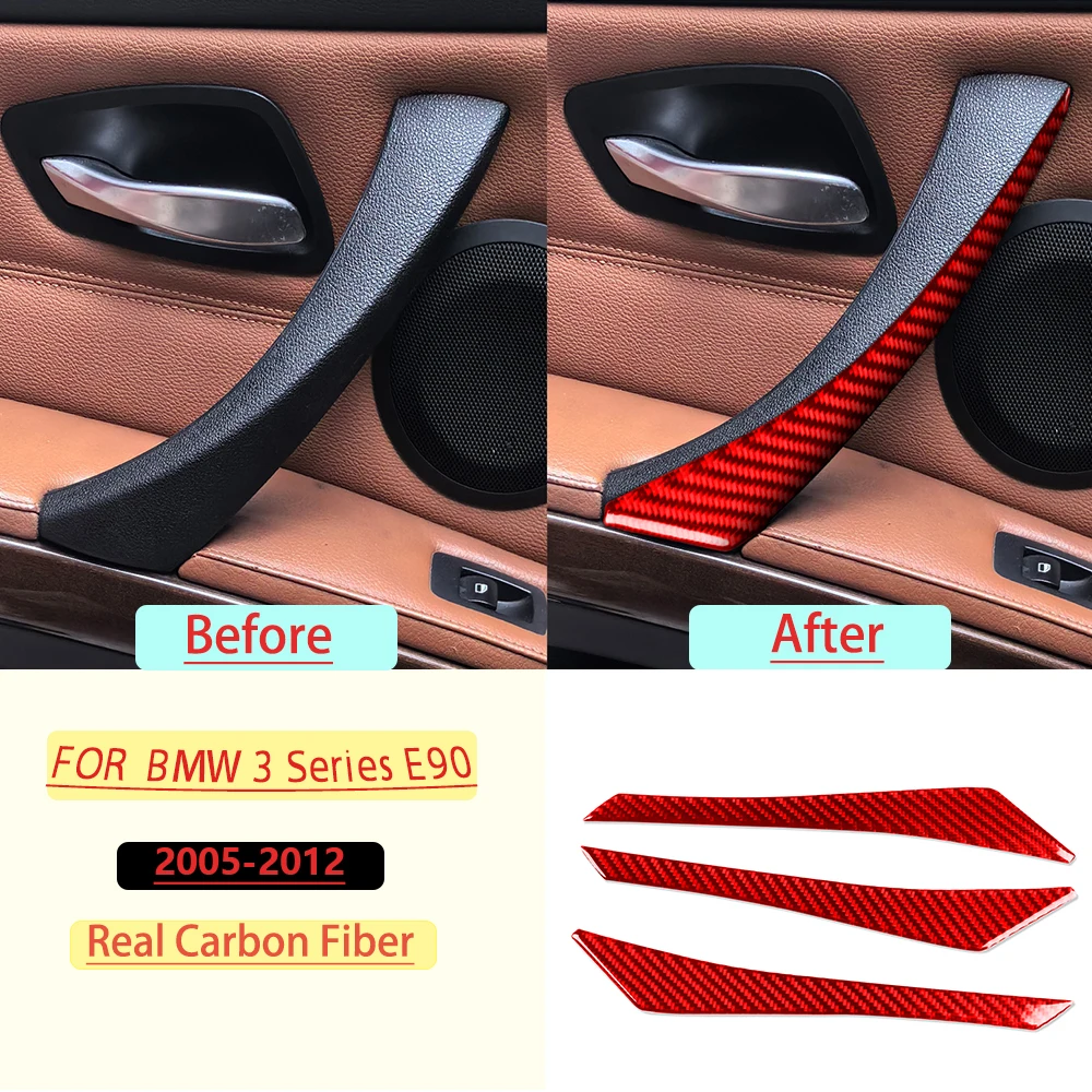 Фото Для BMW 3 серии E90 2005-2012: накладки на внутренние ручки дверей, красные, из настоящего мягкого карбона, аксессуары для интерьера, стикеры №4