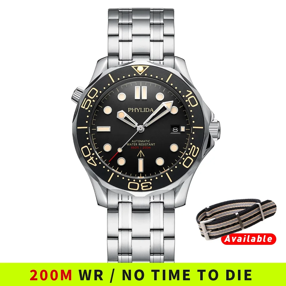 

HOT PHYLIDA Black Dial PT5000 MIYOTA Automatic Watch DIVER 200M 007 NTTD Style Sapphire Crystal Solid Bracelet Waterproof 20Bar