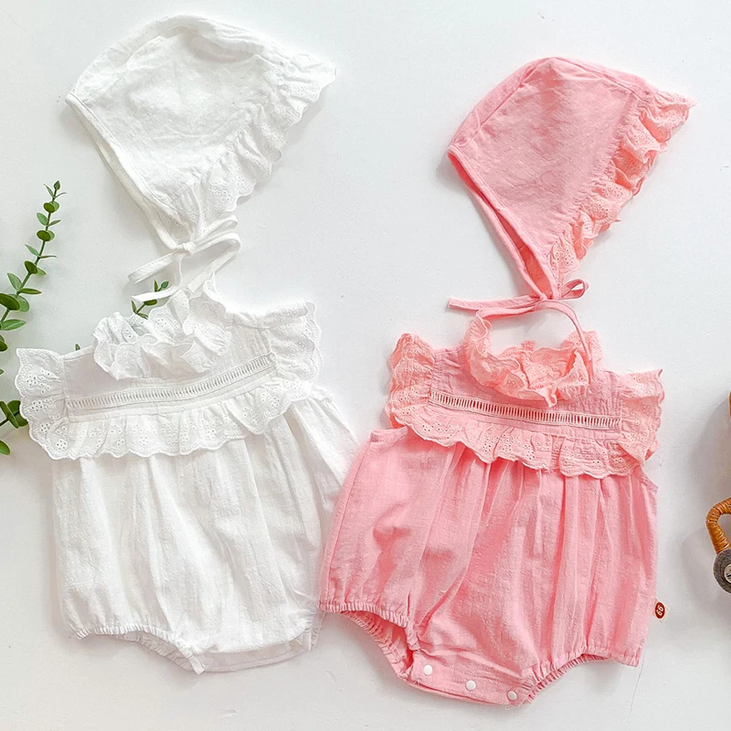 

Lovely Princess Style Toddler Baby Girl Romper+Hat Sleeveless Cotton Solid Color Summer Baby Girls Clothes Newborn Baby Jumpsuit