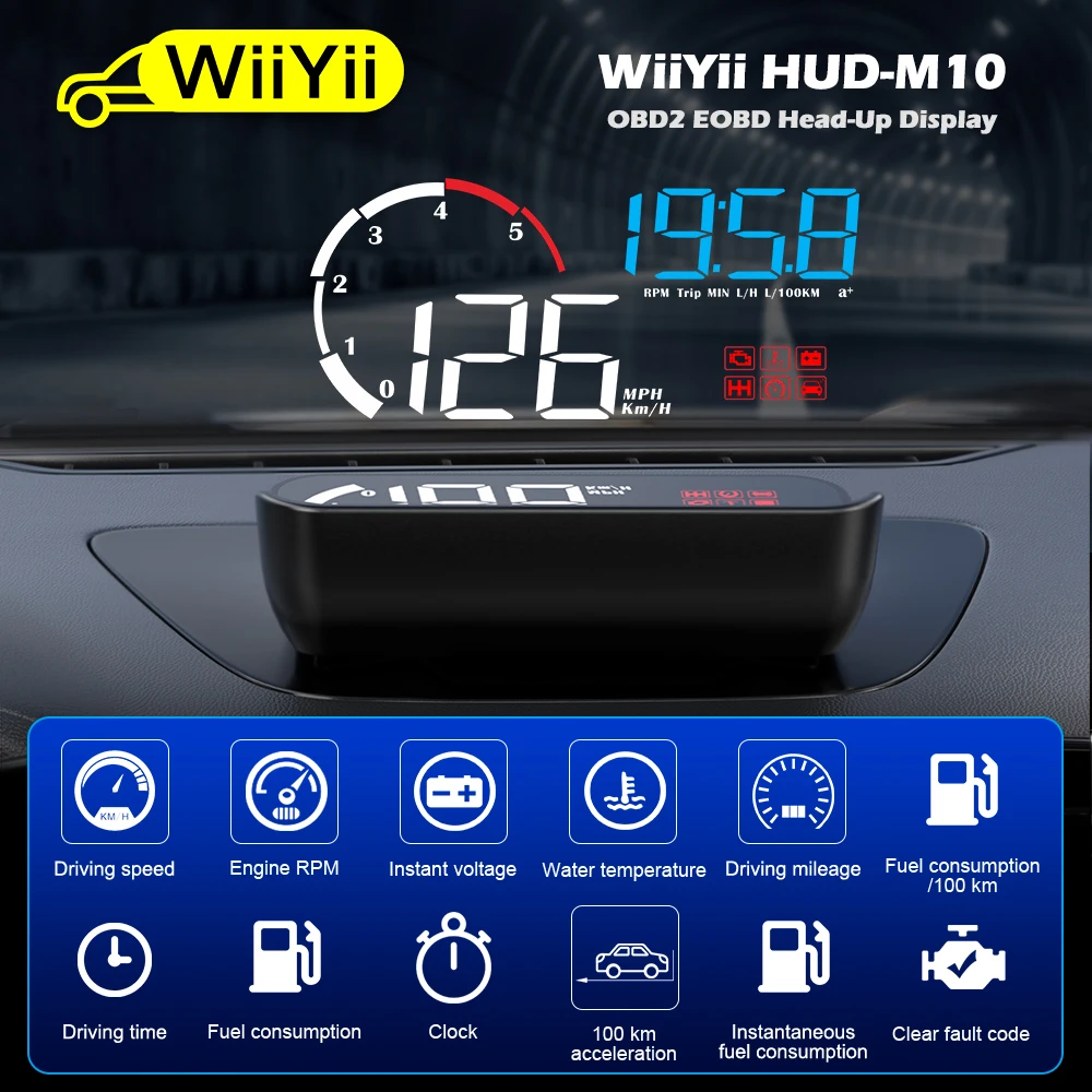 wiiyii m10 obd2 auto car hud onboard computer kmh mph head up dislay speedometer windshield projection on car glass free global shipping