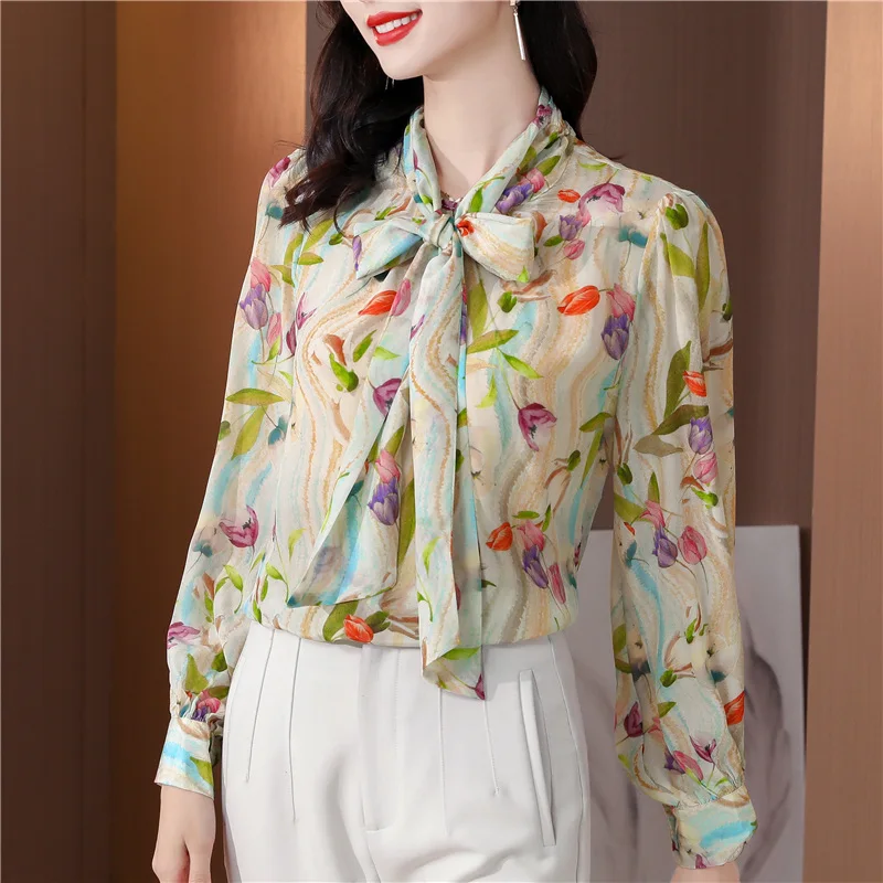 TingYiLi Spring Summer Bow Tie-Neck Printed Blouse Korean Elegant Women Long Sleeve Boho Floral Top Beige Silk Shirts |