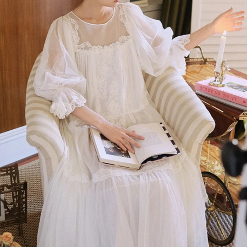 Белая сетчатая ночная рубашка весна-лето Повседневная Длинная Ночная одежда для