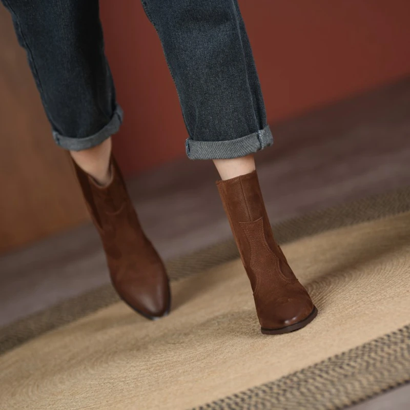 NEW Fall/Winter Women Shoes Pointed Toe Chunky Heel Boots Genuine Leather Black Boots for Women Fashion Hight Heel Modern Boots