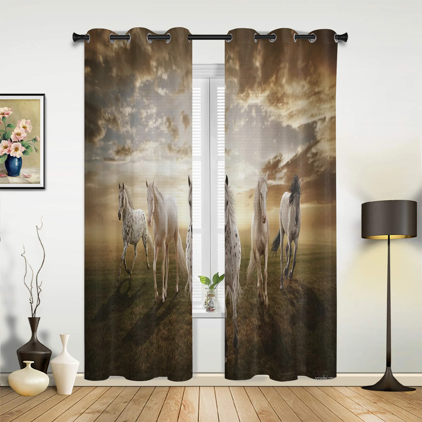 

Prairie White Horse Clouds Curtains for Bedroom Living Room Drapes Kitchen Children's Room Window Curtain Modern Home Decor