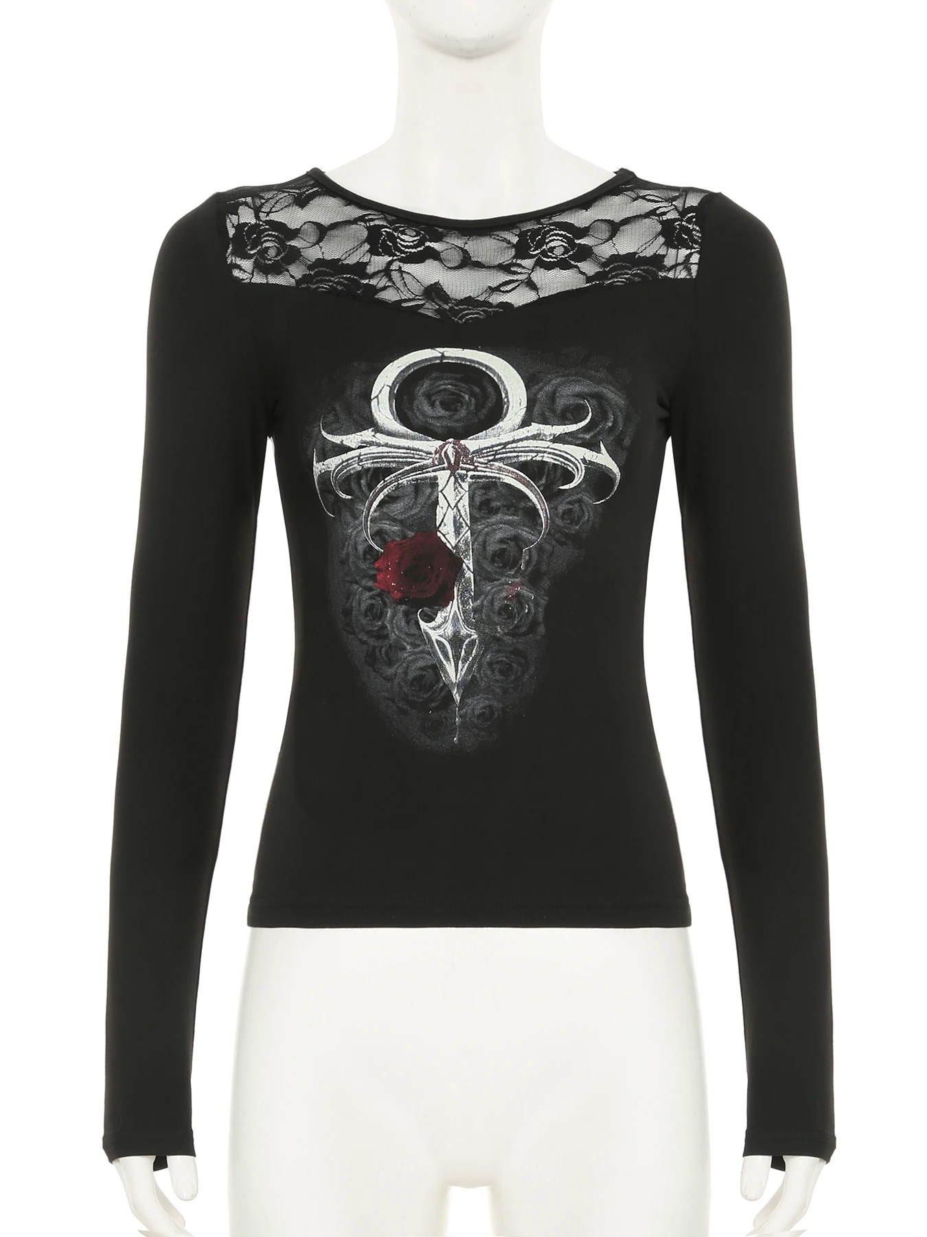 IAMSURE Темные патчи кружевной принт футболка с перспективой готический воротник