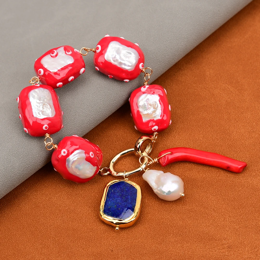 Женский Белый Прямоугольный жемчужный браслет Keshi 8 дюймов с красной эмалью и