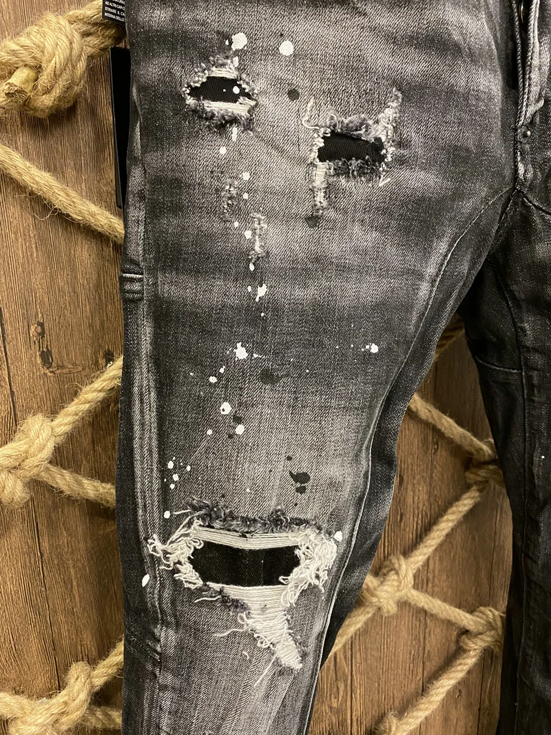 New Men's Dsquared2 Buttons Jeans Ripped For Male Skinny  Pants Men's Denim Trousers Top Quality Slim Jeans A383