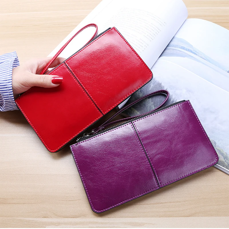 

Women's Vintage Oil Wax Leather Zipper Clutch Wallet Female Large Capacity Coin Purse Ladies Wristband Simple Card Holder Wallet