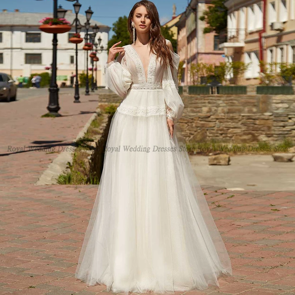 

RANMO A Line Wedding Dresses V Neck Puff Sleeve Tulle Handmade Flower Applique Open Back 2022 Floor Length Gowns Robe De Ma