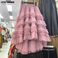 pink high low 2022 high street tiered cupcake gauze women to party female asymmetrical short front long back tulle skirt