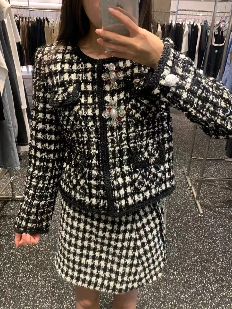 

Sequin Women Long Sleeve Tweed Jacket O-Neck Houndstooth Retro Diamond Buckle Decoration Ladies Short Coat Autumn Winter 2023