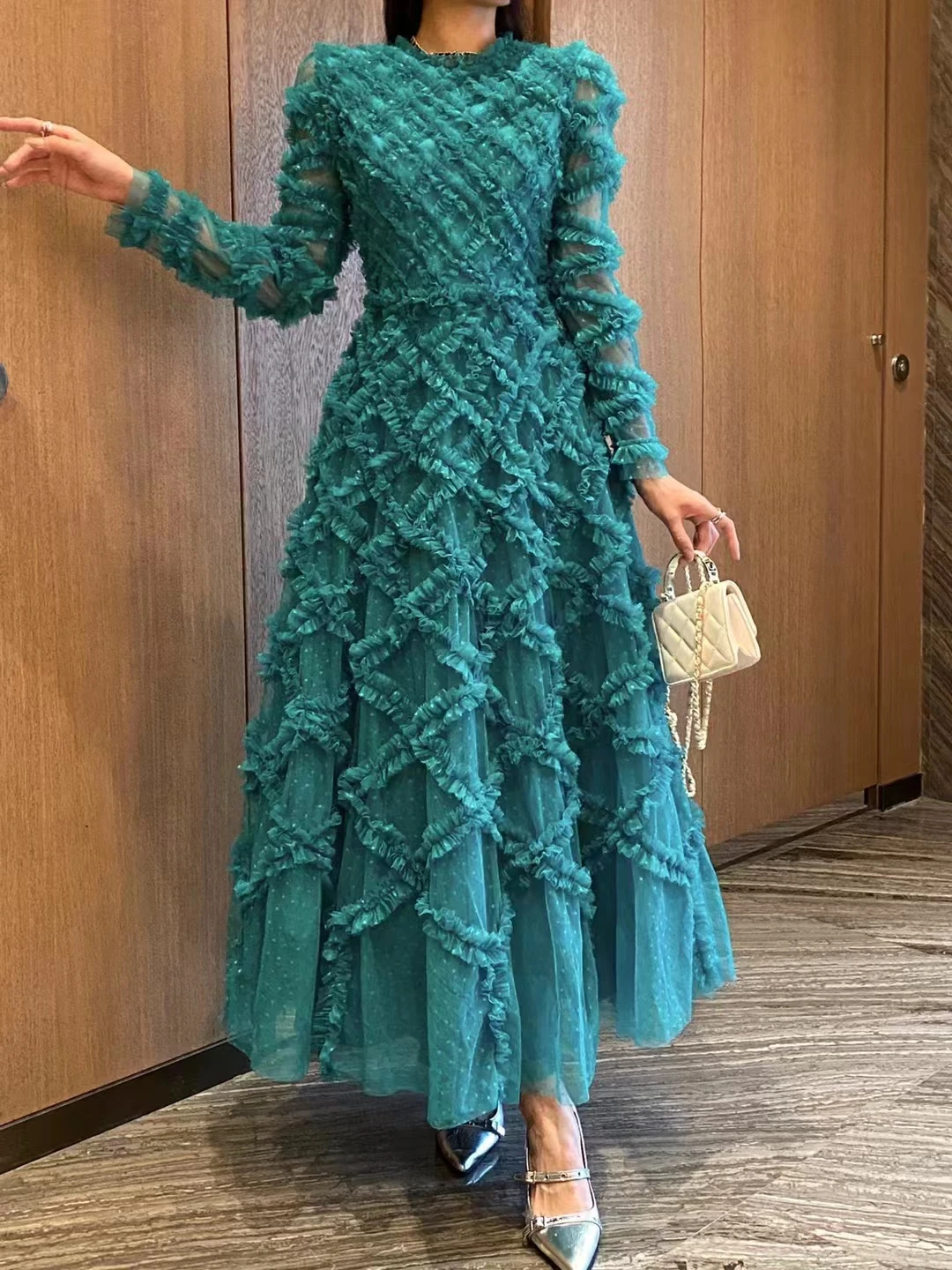 

Fashion Holiday Banquet Autumn 2023 Round-Necked Women Long-Sleeved Gauze Halo-Dyed Floral Bouffant Dress