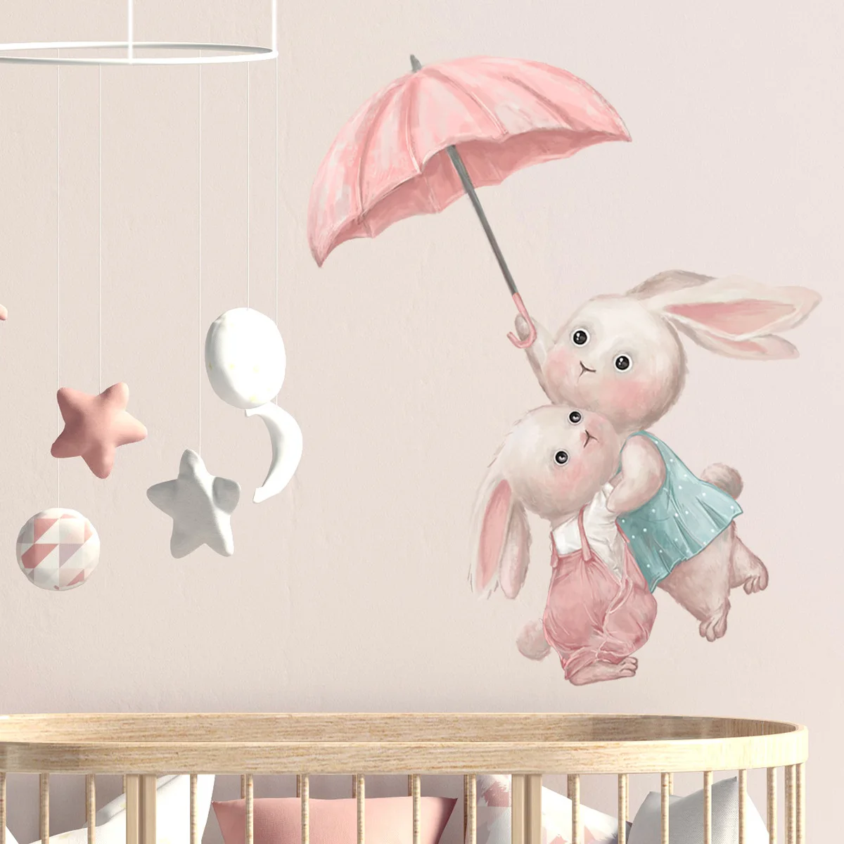 

Cartoon Bunny Umbrella Wall Sticker Baby Kids Room Background Home Decoration Wallpaper for Bedroom Decor Cute Animal Decals2023