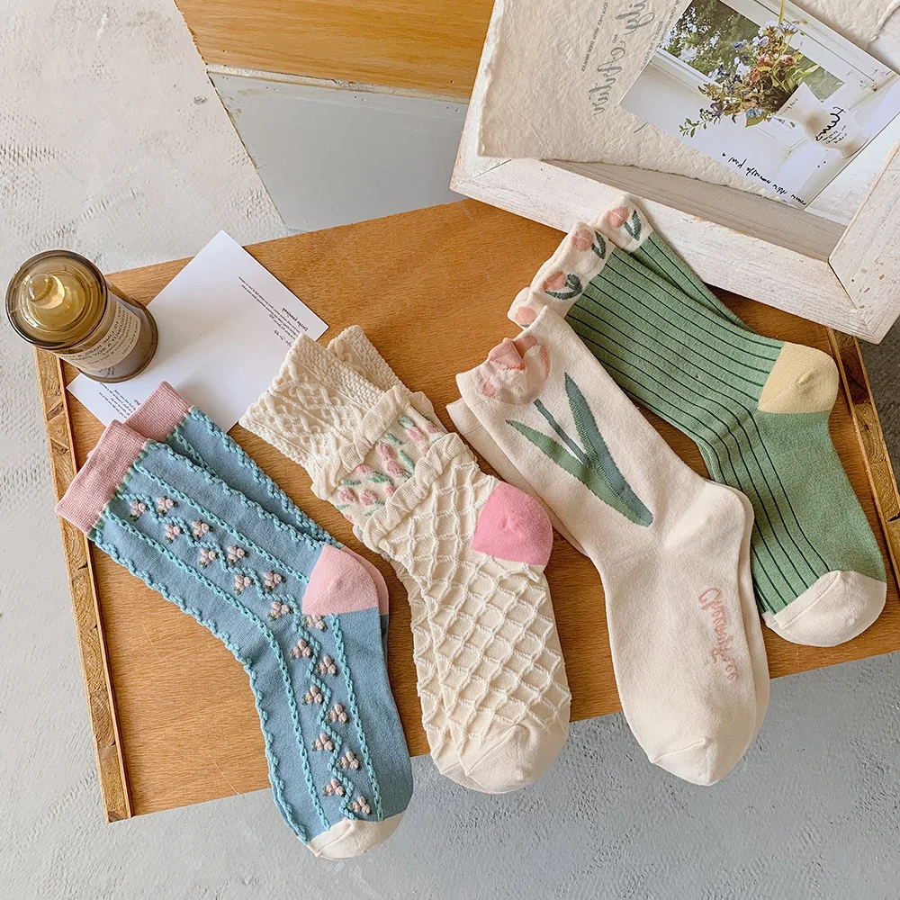 4 Pairs Women Sock Cotton for Autumn Fashion Flower Design 2022 New Arrival Leather Shoes Socks Thin
