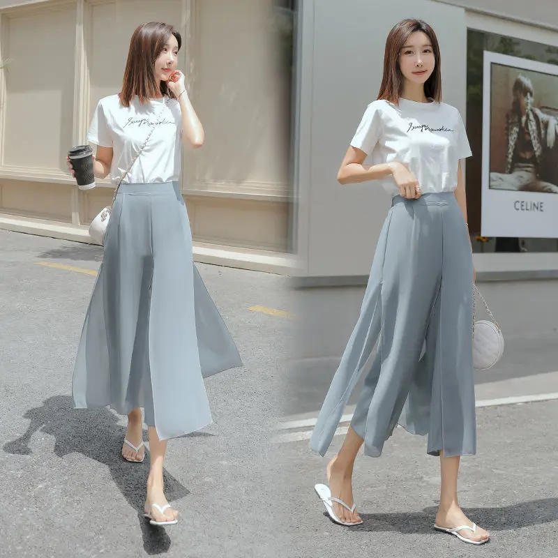 

2022 Summer Women New Solid Color Chiffon Skirt Pants Female Ice Silk Wide-leg Pants Ladies High Waist Thin Loose Pants T98