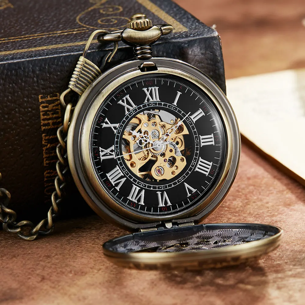 Vintage Dragon Phoenix Flower Exquisite Sculpture Mechanical Pocket Watch Chains Luckly Lover Wedding Retro Skeleton Watch