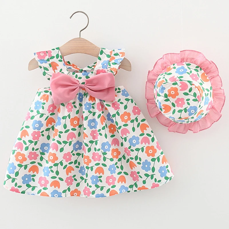 

2Piece Summer Kids Dresses Toddler Girl Clothes Fashion Print Sleeveless Cotton Beach Flowers Dress+Hat Baby Clothing Set BC2246