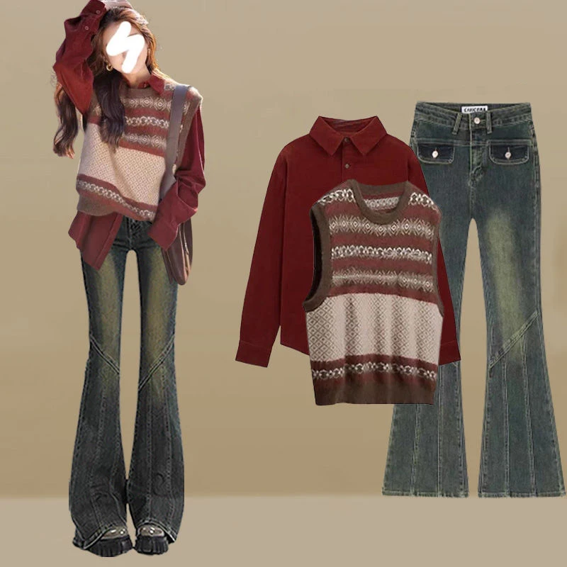 Женский винтажный трикотажный комплект из трех предметов красный жилет рубашка