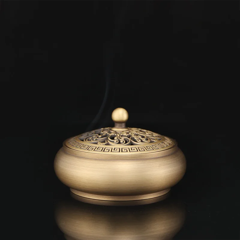

Classical Antique Flat Bottom Incense Burner Pure Copper Household Indoor Decorative Zen Sandalwood Carving Incense Burner