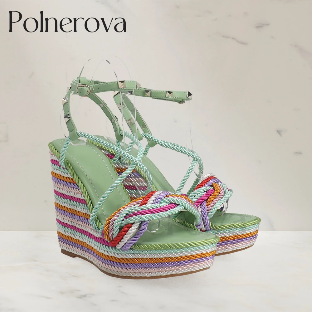 Color Block Hemp Rope Wedges Studs Luxurious Designer Sandals Multicolor Fashion Summer Shoes Platform Buckle Sandals for Women