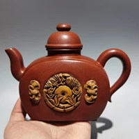 7 chinese yixing zisha pottery relief pisces bat kettle teapot flagon red mud gather fortune office ornaments town house