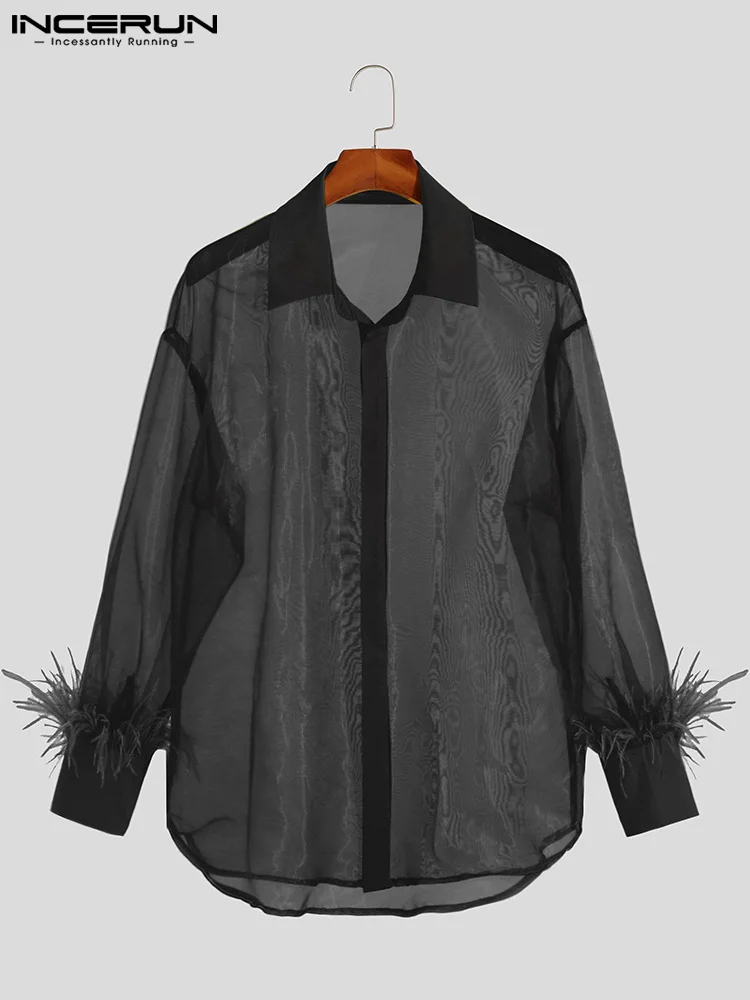 INCERUN Tops 2023 American Style New Men's Cuff Feather Stitching Blouse Fashion Male See-through Long Sleeve Lapel Shirts S-5XL