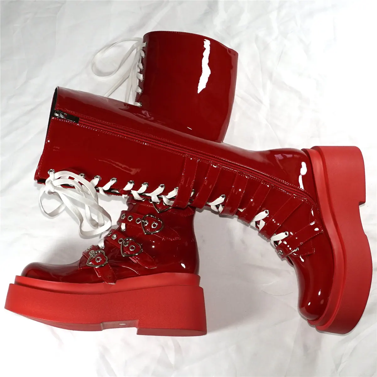 Fashion Sneakers Women Lace Up Patent Leather Super High Heels Thigh High Boots Female Round Toe Platform Pumps Casual Shoes