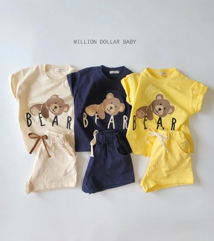 

Korean Baby Boy Summer Clothes Set Printed Bear Color T-Shirt + Loose Shorts Set 2 Pcs Pure Cotton Baby Girls Clothing Sets
