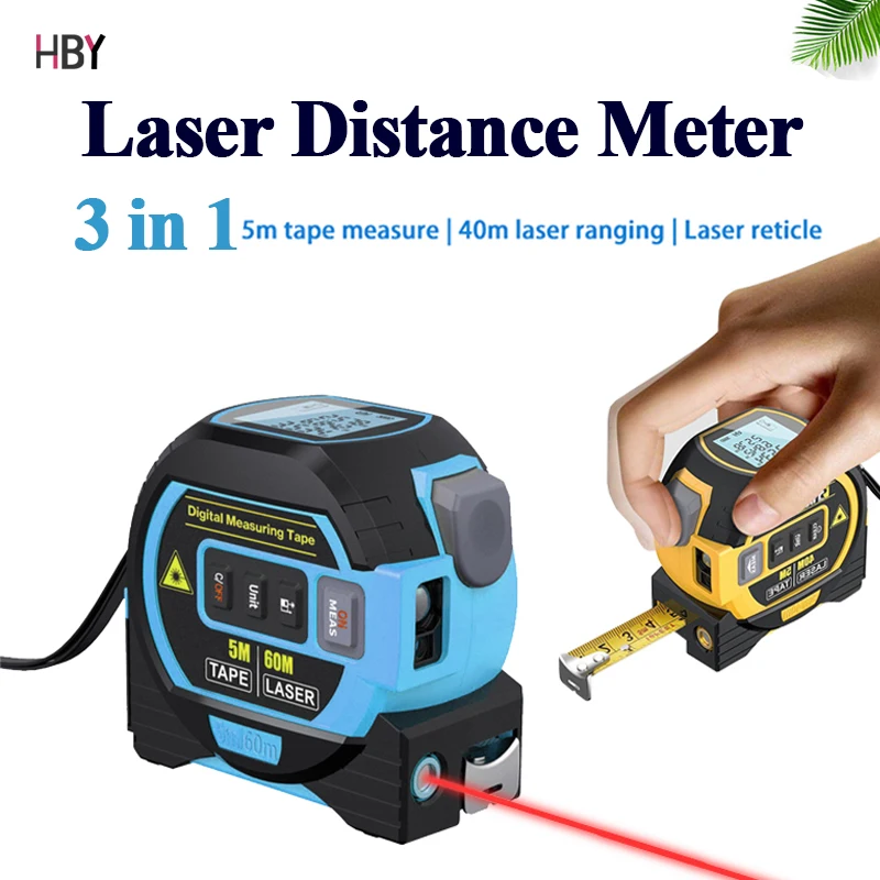 

40/60M Laser Distance Meter 3 in 1 5m Steel Tape Measure Ruler Digital Distance Meter LCD Display Building Laser Rangefinder