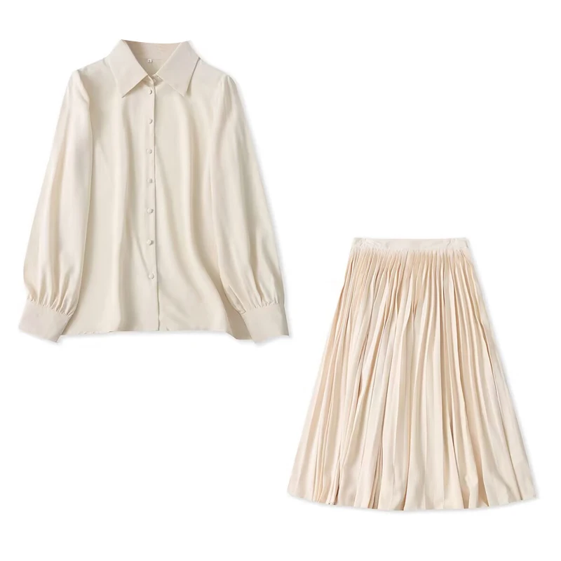 Fashion Set Autumn New Foreign Trade Women clothes Single-Breasted Lapel Long sleeve Shirts + Pleated Half-Length Midi dress ...