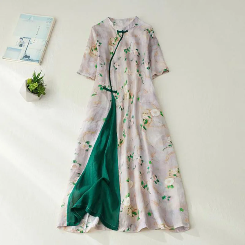 

Woofin Ramie Material Stamp Flower Opening Cross-Colored Flag Robe Improved Version Cotton Linen Costume Qipao