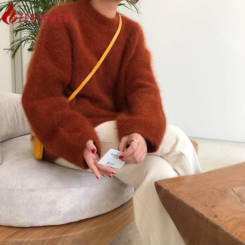 

2022 Модный осенне-зимний кашемировый вязаный пуловер из норки для женщин с круглым вырезом и длинным рукавом мягкий мохеровый свободный пло...