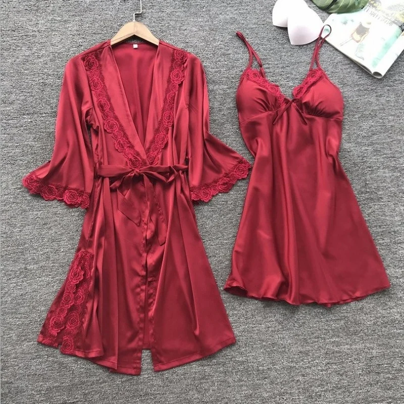 QWEEK Women's Dressing Gown Night Dress Negligee 2 Pieces Sets Silk Robes Nightwear Satin Sleepwear Summer Nightdress Large Size