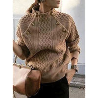 2021 new autumn winter brown turtleneck knit sweater tops warm long sleeved all match round neck button knitted sweaters women