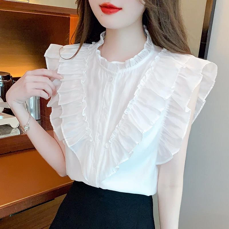 2023 Fashion Elegant White Sleeveless Tops Summer Woman Ruffles Neck Flying Sleeve Chiffon Blouses Korean Clothing 27482