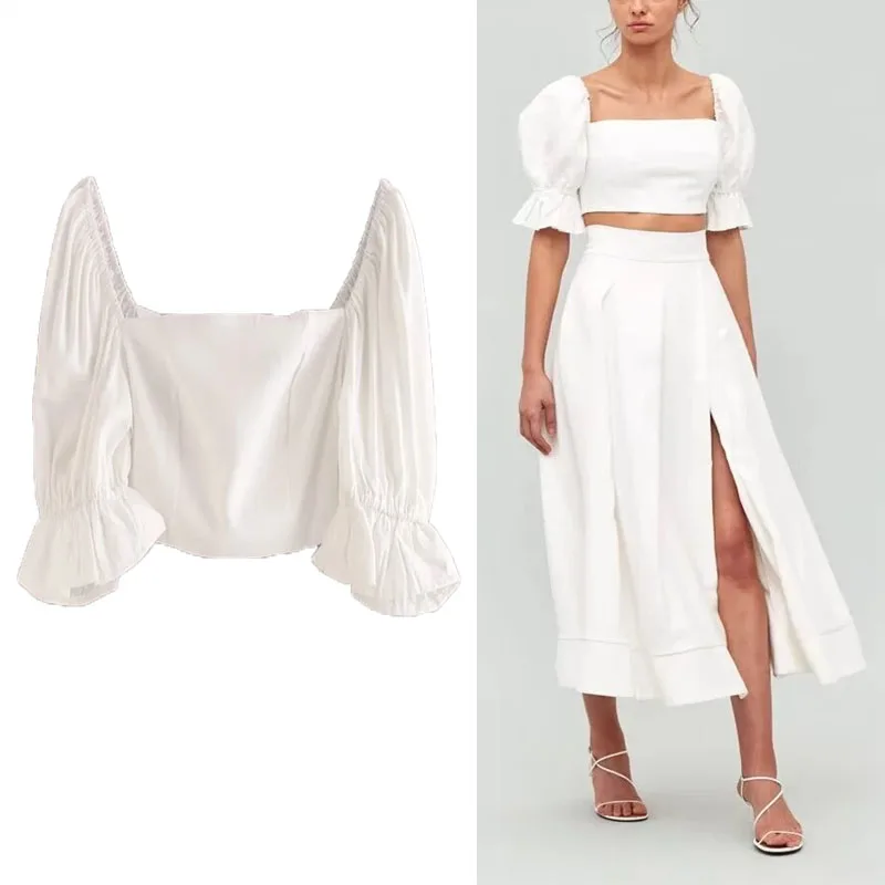 

TRAF Women Square Neck Bubble Sleeve Short Top High Waist Chic Puff Sleeve Backless Blouses Women's French Vintage White Tops