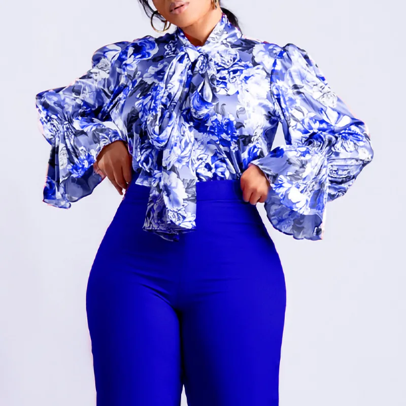 

Spring New Printed Bandage Large Shirt Tops Long Sleeve Bow Loose Plus Size Blouses Fashion Temperament Elegant Women Clothing