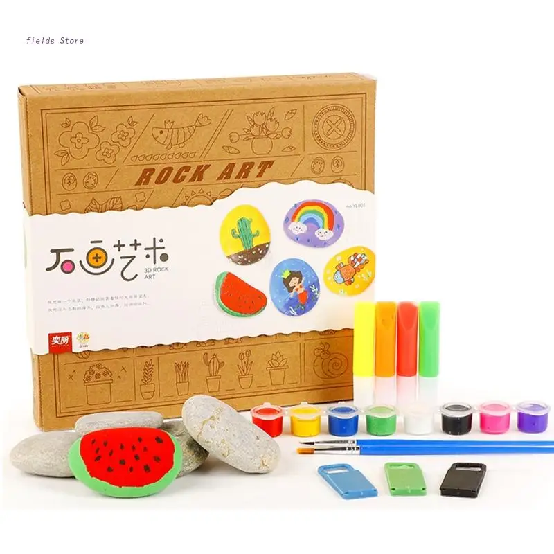 

Handmade Rock Art DIY Painting Kits Toy for w/ 8 Water Paints Boys Girls Crafts
