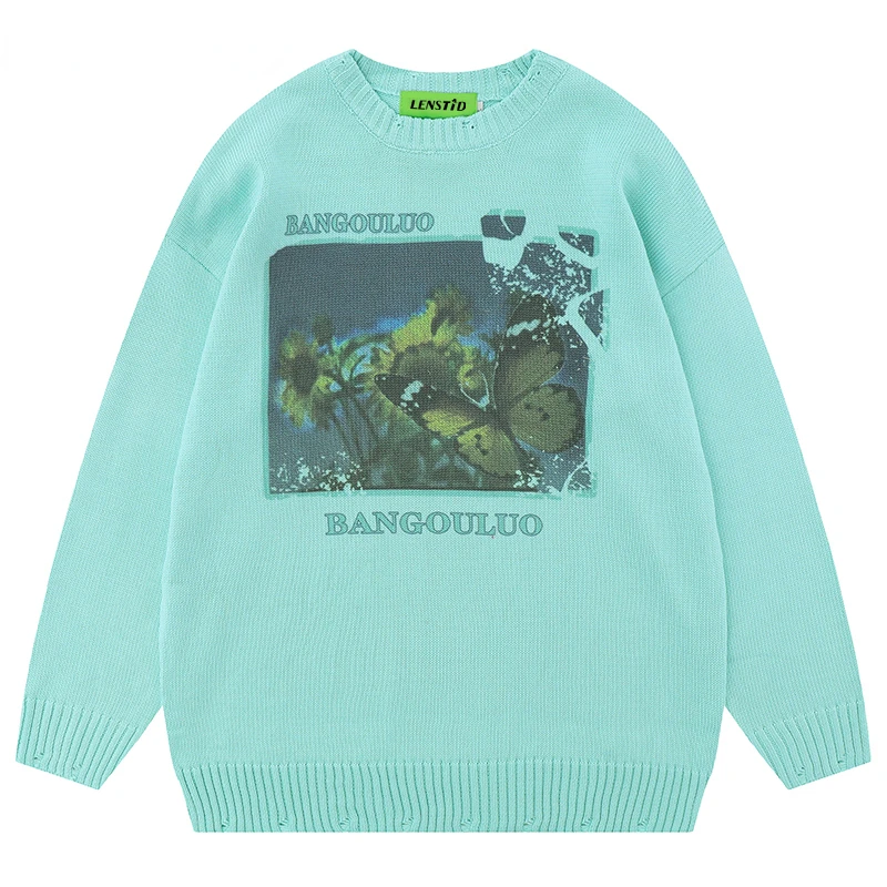 

Autumn Men Knitted Jumper Sweaters Hip Hop Butterfly Graphic Knitwear Streetwear Harajuku Fashion Casual Pullovers Knit Clothing