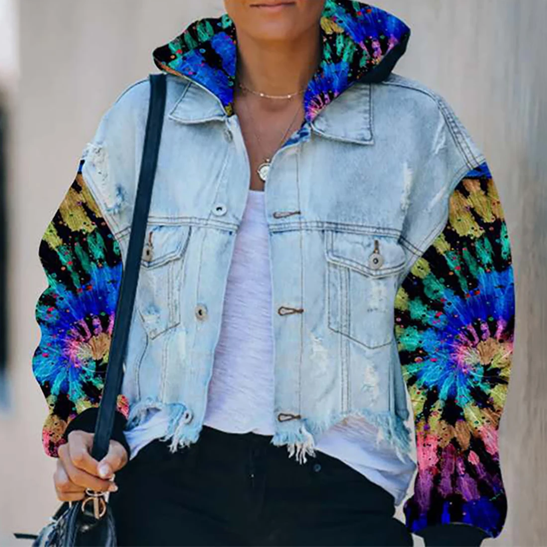 

Jean Jacket for Women 2023 Loose Casual Blue Women Hoodies Coats Tie Dye Sleeve Patchwork Hoodied Denim Coats Female Outwear New