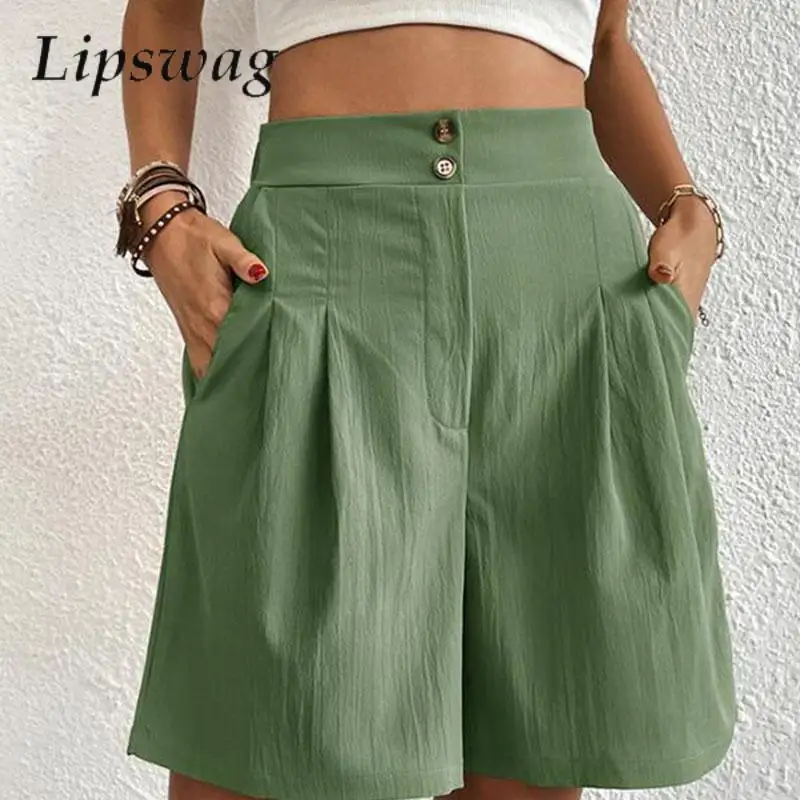 

2023 Vintage Harajuku Women Short Pants Fashion Pleat Button Loose Beach Shorts Casual Summer Female High Waist Pants Streetwear
