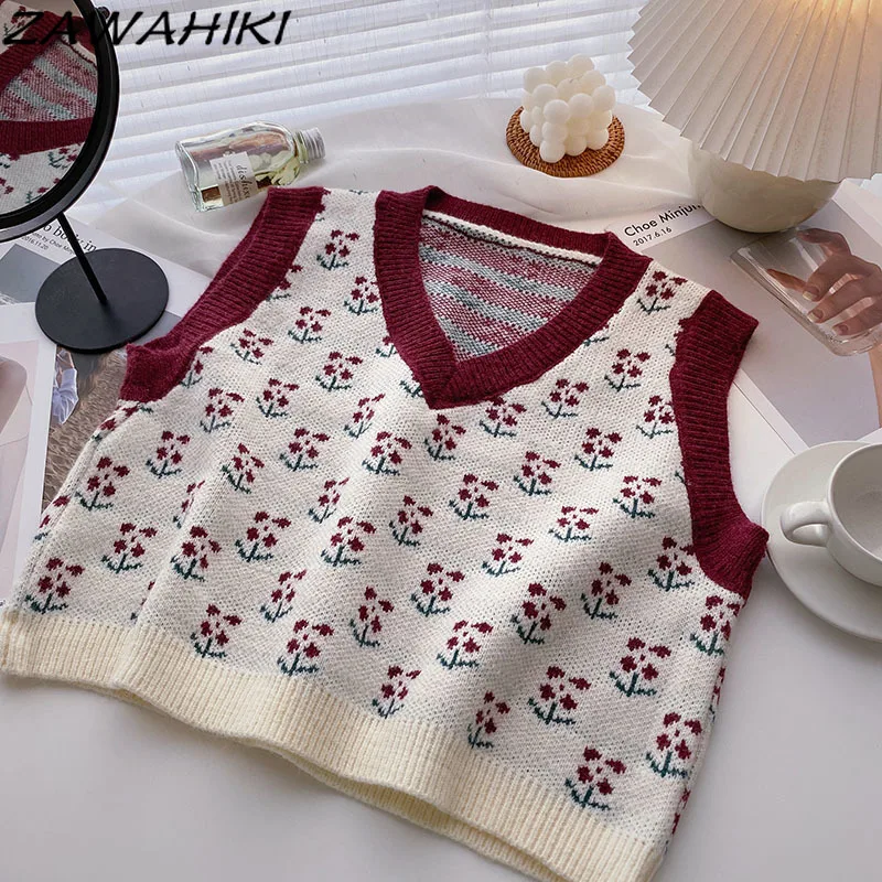 

ZAWAHIKI Women's Short Knitted Vests Autumn and Winter Out Wear 2021 New Vest Korean Students Retro Jacquard Sleeveless Tops