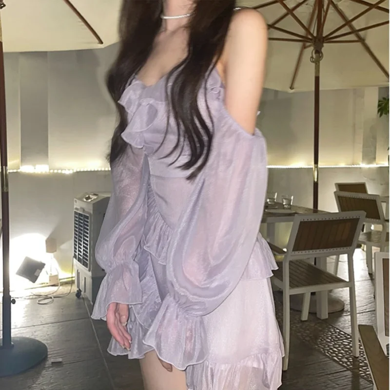 

2023 Autumn Clothes Korea Ladies French Elegant Strap Dress Women Casual Long Sleeve Vintage Mini Dress Female Evening Party Y2k